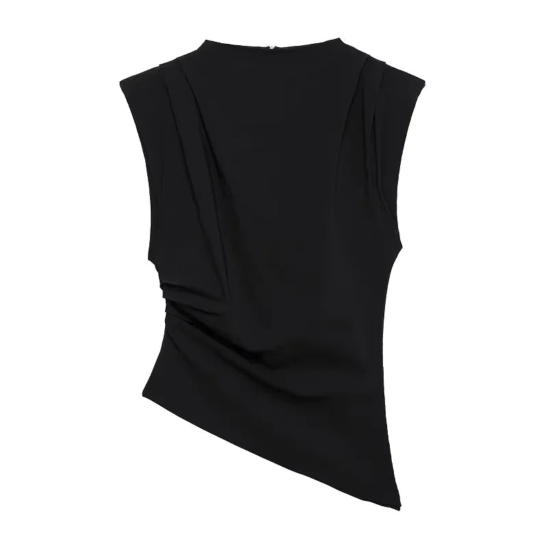 2025 Summer Asymmetric Tank Women Wine Red/Brown/Black Ruched Sleeve Office&Party Tops Breathable Stretchy Slim Fit Streetwear - Smarsty