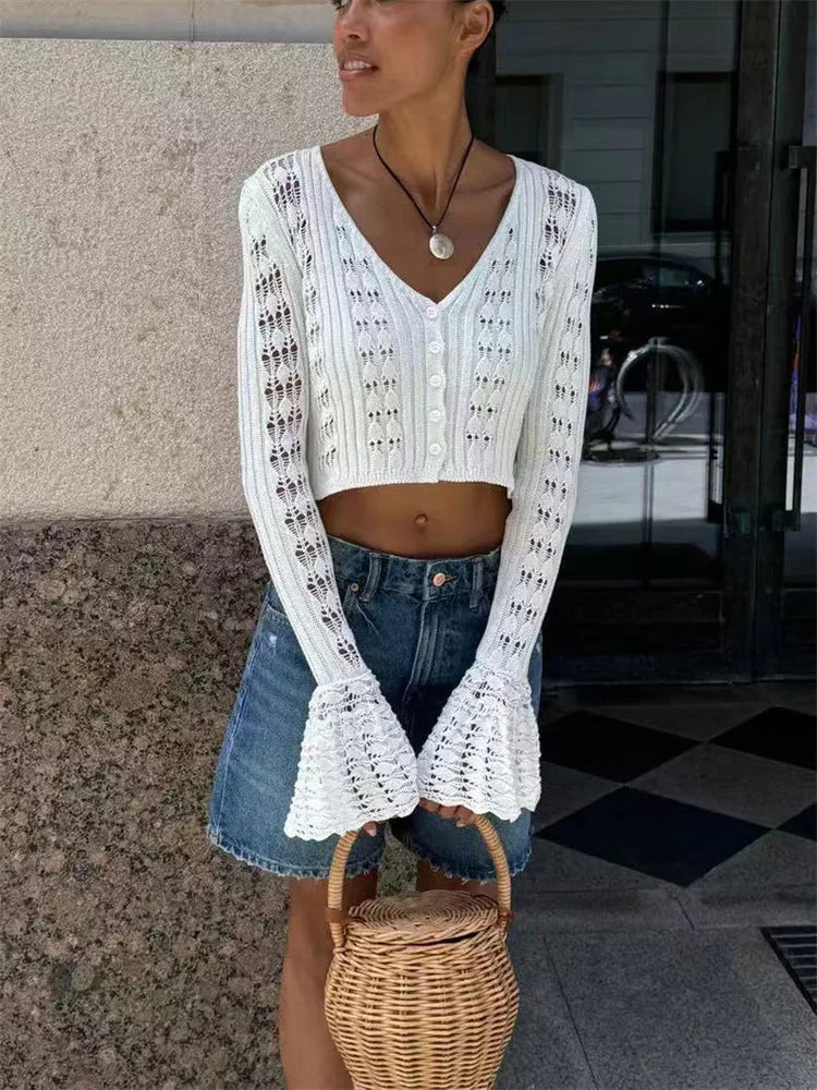 Tossy Knitwear Hollow Out Sweater Cardigan Women V-Neck Long Sleeve See-Through Cropped Top Summer Knit Patchwork Cardigan Top - Smarsty