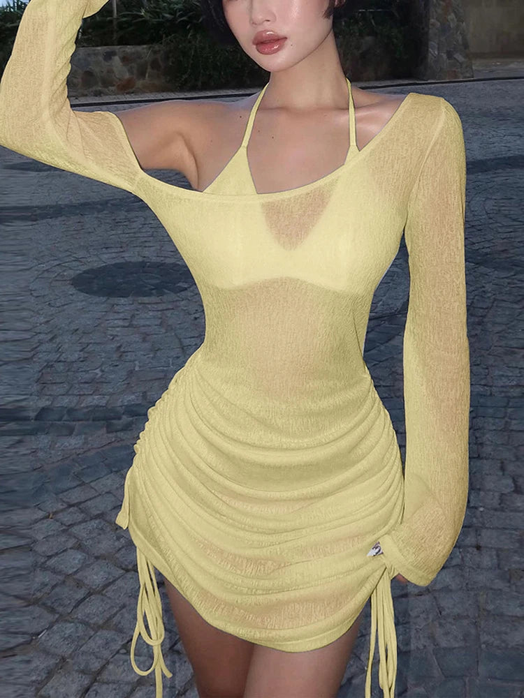 Dulzura Solid Skew Collar Ruched Straps Lace-Up See Through Draw String Mini Dress 2023 Summer Women Party Clubwear Wholesale - Smarsty