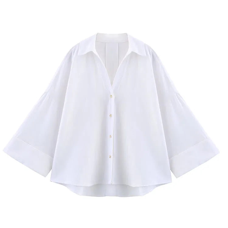 HipSeam Wide Sleeved Shirt Women Spring Asymmetric Hem Button Women's Shirts Simple Lady Johnny Collar Linen Shirts & Blouses - Smarsty