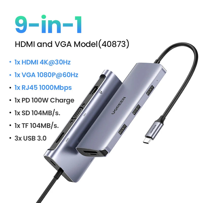 USB C Multiport Hub 4K HDMI Ethernet Dock PD100W Compact