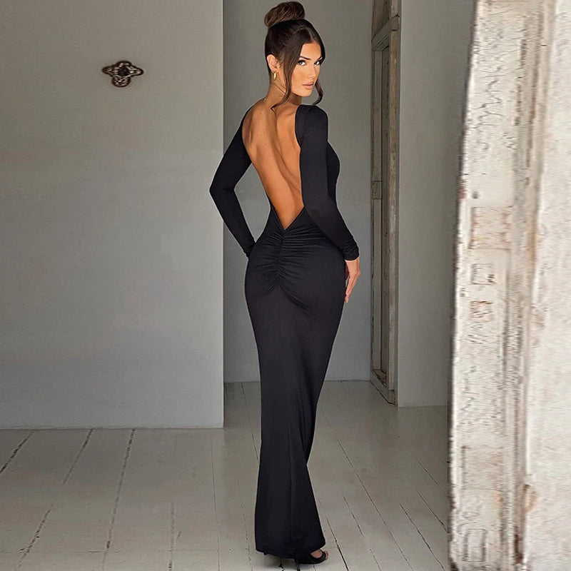 Hugcitar Spring Elegant Long Sleeve Backless Solid Cuched Sexy Bodycon Maxi Prom Dress Women Outfit Evening Party Festival Y2K - Smarsty