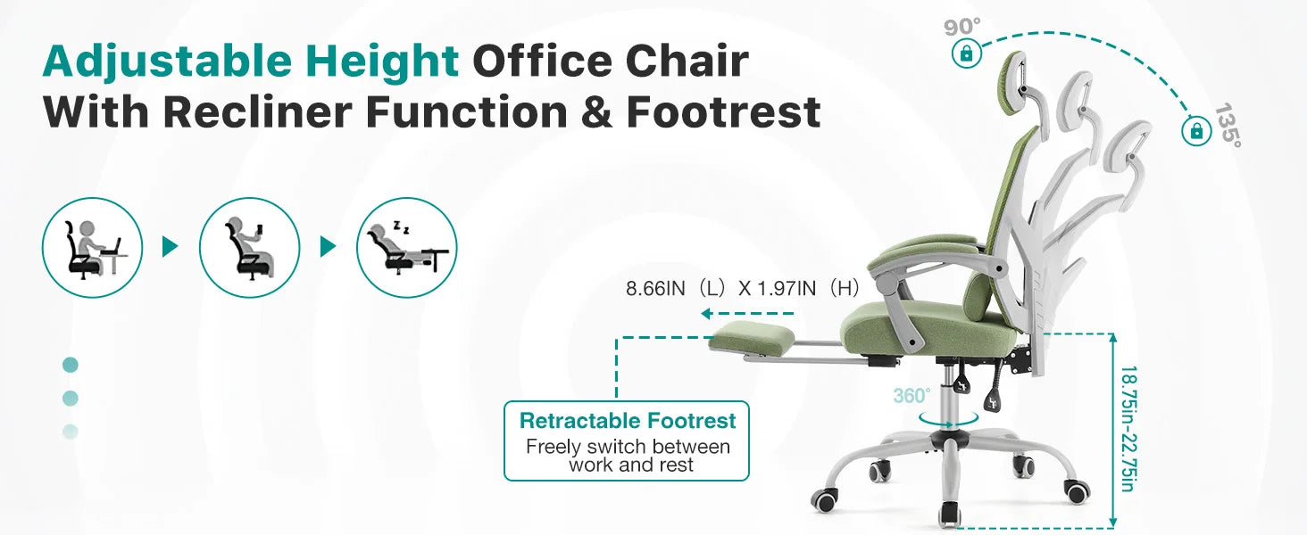 Ergonomic Reclining High Back Mesh Living Room Rocking Gaming Chair Computer Desk Swivel Rolling Lumbar Support Pillow