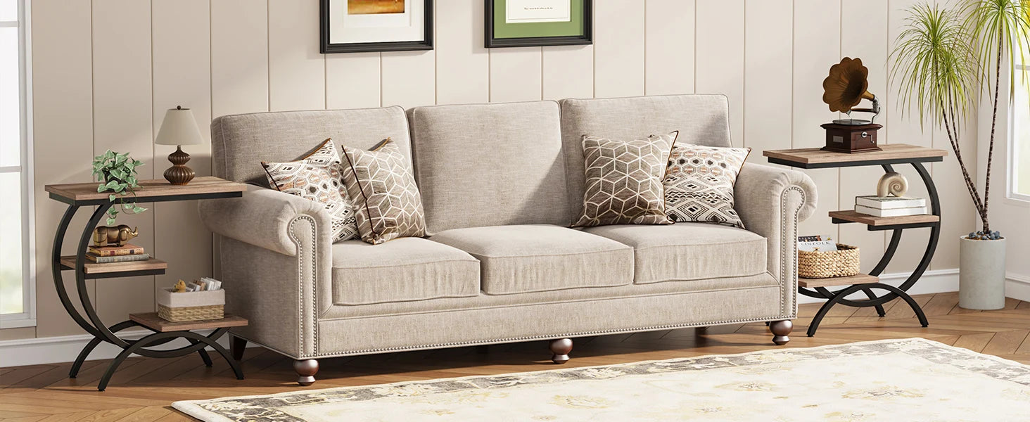 Tribesigns C-Shaped End Table, Industrial 3-Tier Small Table for Couch, Wood Bedside Table Snack Table with Storage Shelves