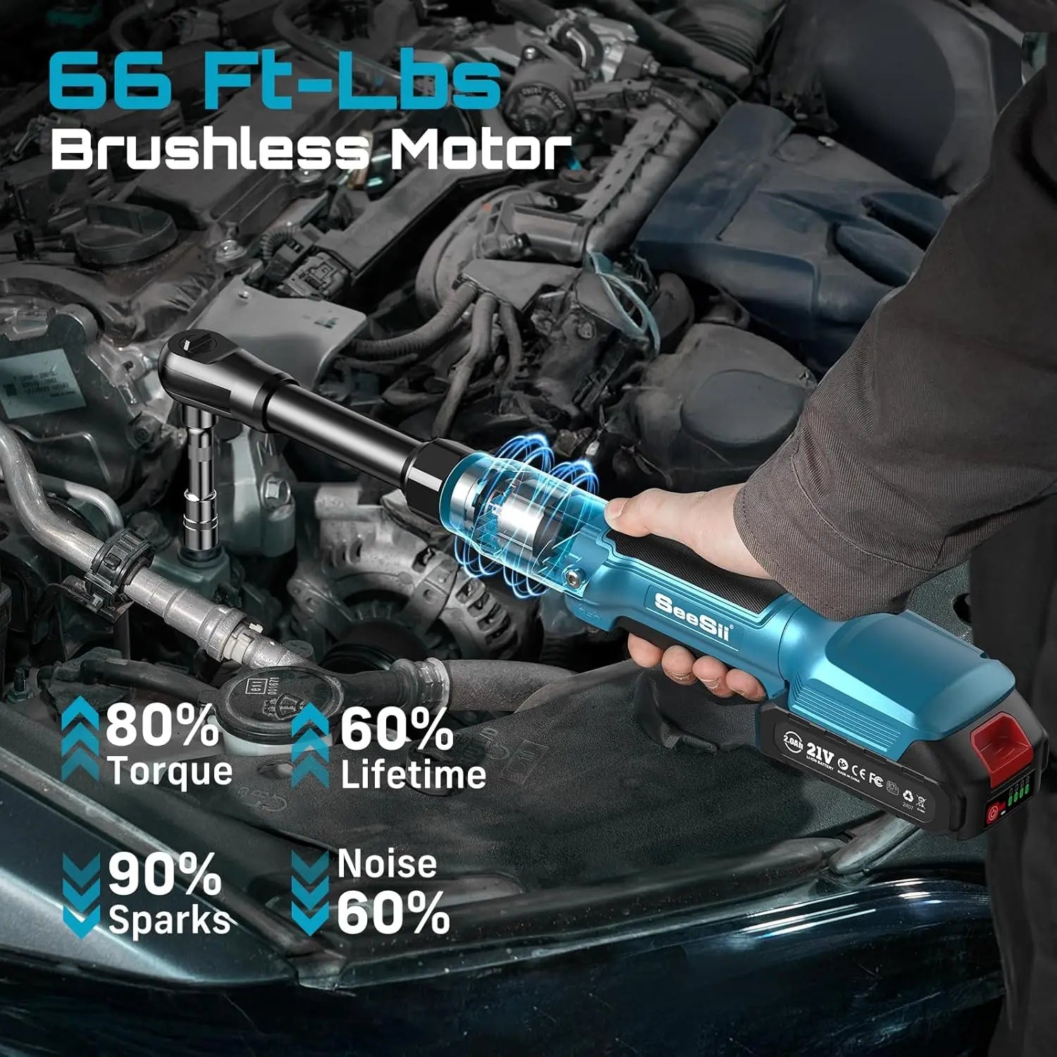 Seesii 3/8" 21V Cordless Electric Wrench 80Nm 6.3'' Extended Electric Ratchet Wrench Rechargeable Angle Wrench Car Repair Tools