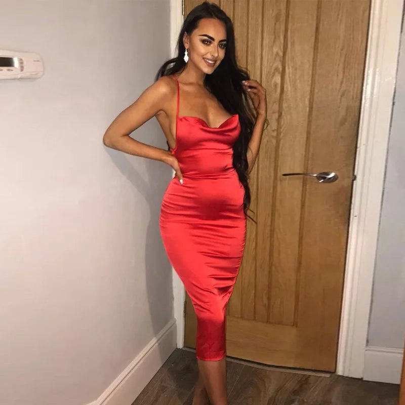 Neon Satin Lace Up Women's Long Midi Dress Light Pink Bodycon Backless Elegant Party Sexy Club Clothes 2022 Summer Dinner Outfit - Smarsty