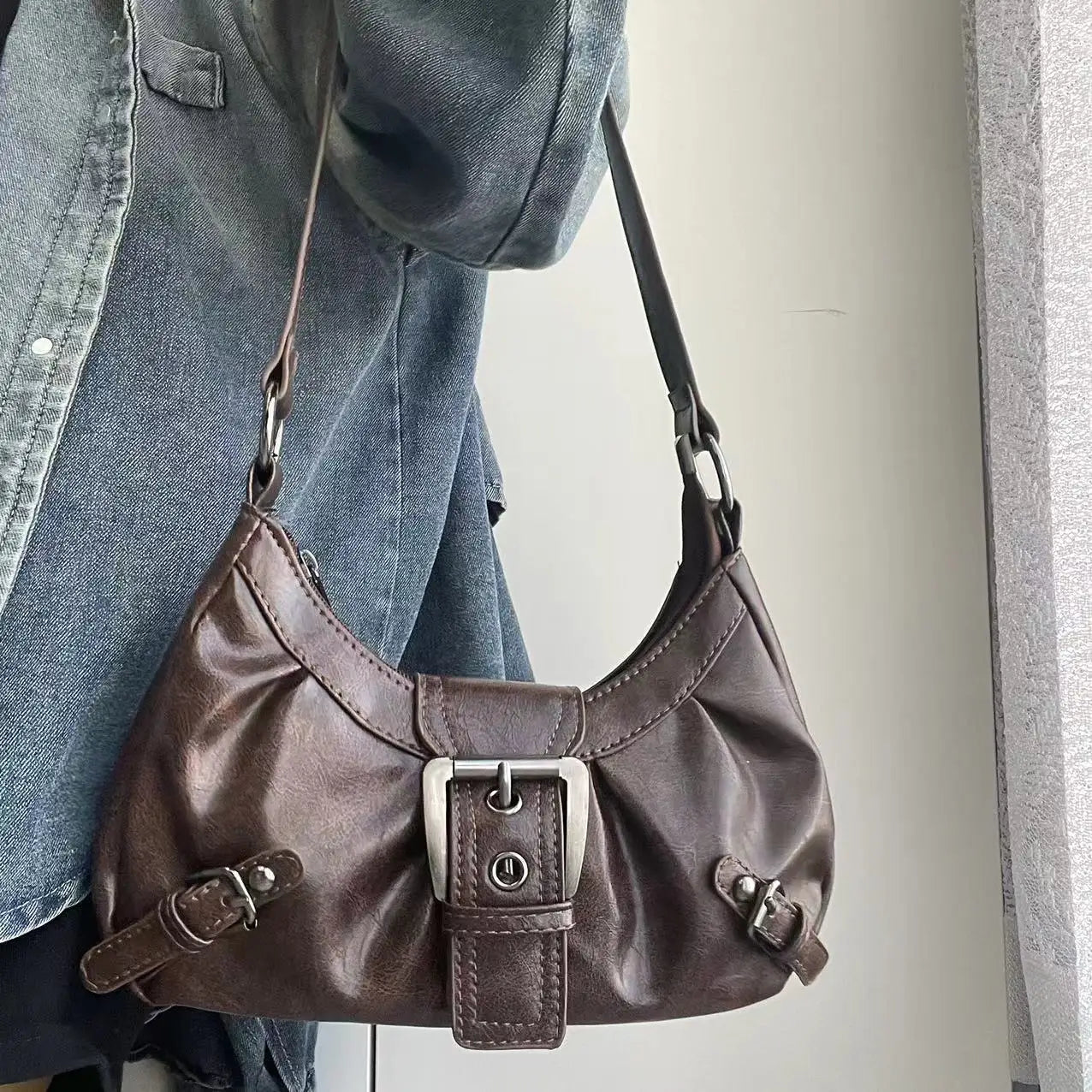 Vintage Leather Shoulder Mini Bag Y2K Wasteland Style - Smarsty