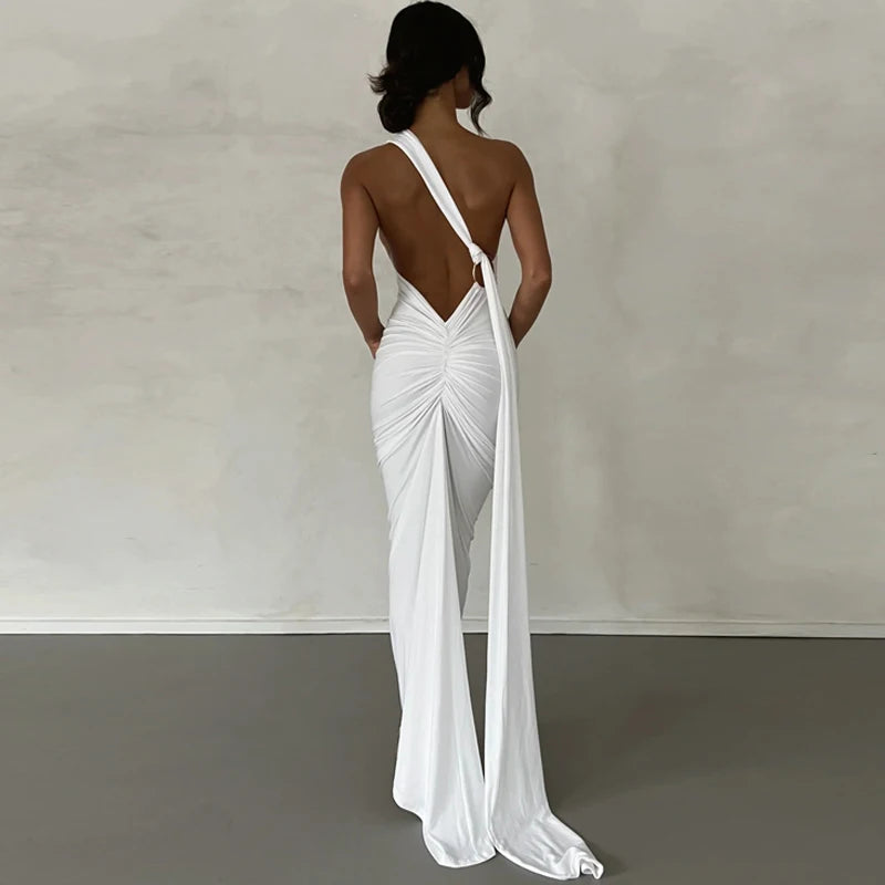 Hugcitar One Shoulder Backless Adjustable Scarf Loop Ruched Sexy Maxi Dress Women Elegant Y2K Streetwear Festival Outfit - Smarsty
