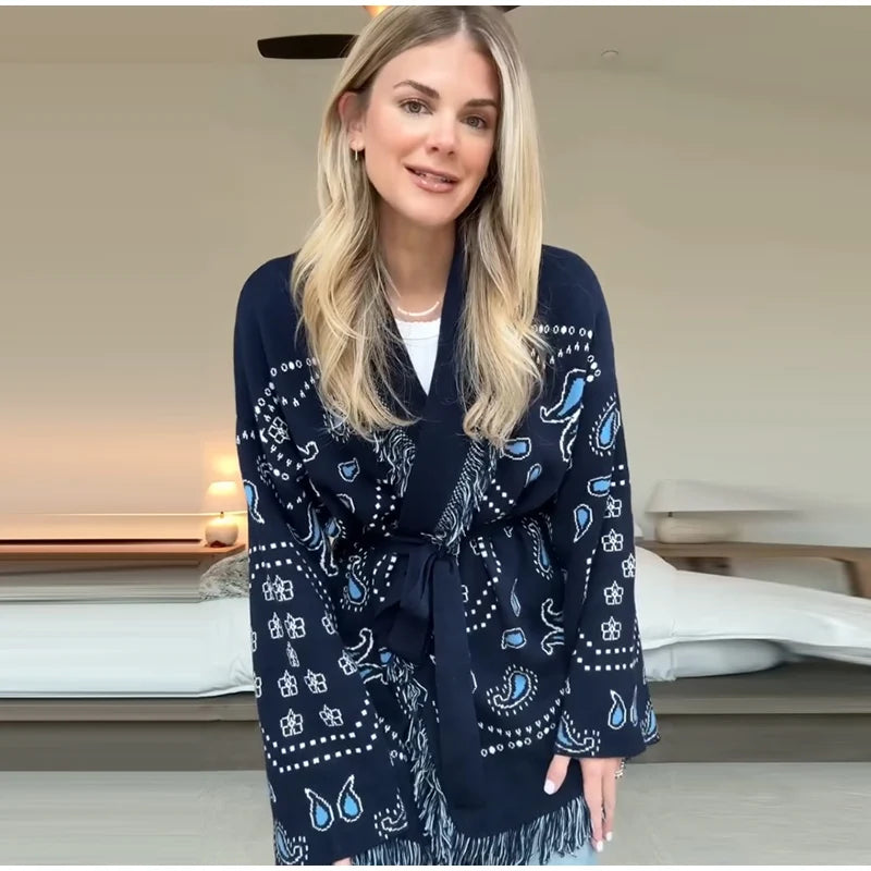 Tassel Patchwork Printed Cardigan Women Geometric Patterns Belts V-neck Long Sleeve Knitted Street Lady Sweater 2025 Autumn Coat - Smarsty