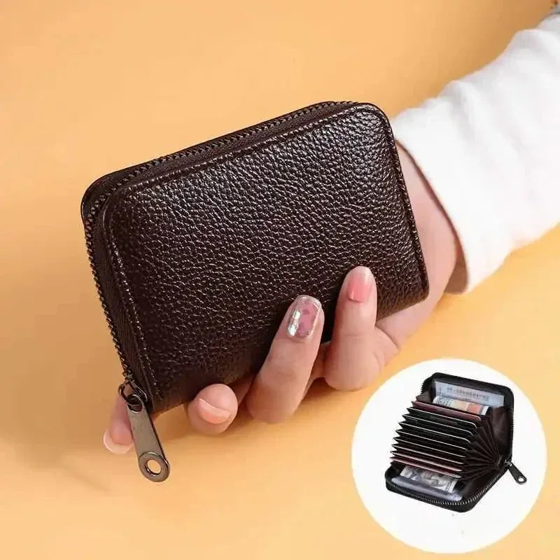 Multi Slot Card Holder Vintage Small Wallet Women Men Business Bank Credit Card Bag Male Coin Pouch Solid Leather Zipper Wallet - Smarsty