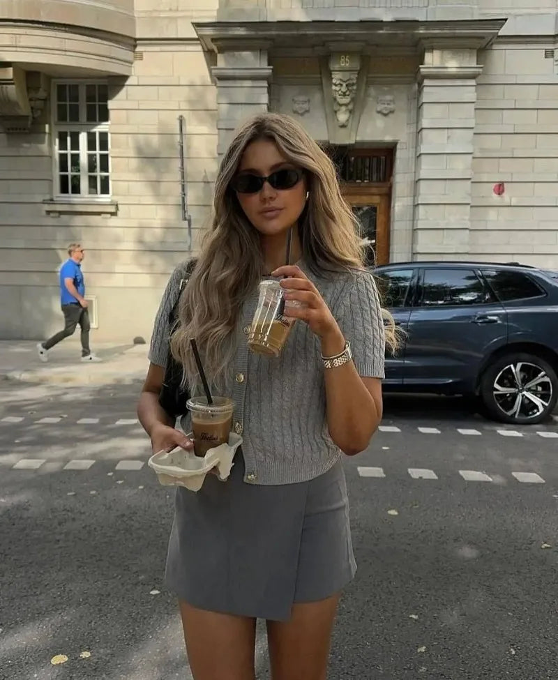 Trendix Women Winter Knit Cardigan Winter Street Fashion Patchwork Ribbed Short Sleeve Sweater Autumn Commute Knitwear Crop Top - Smarsty