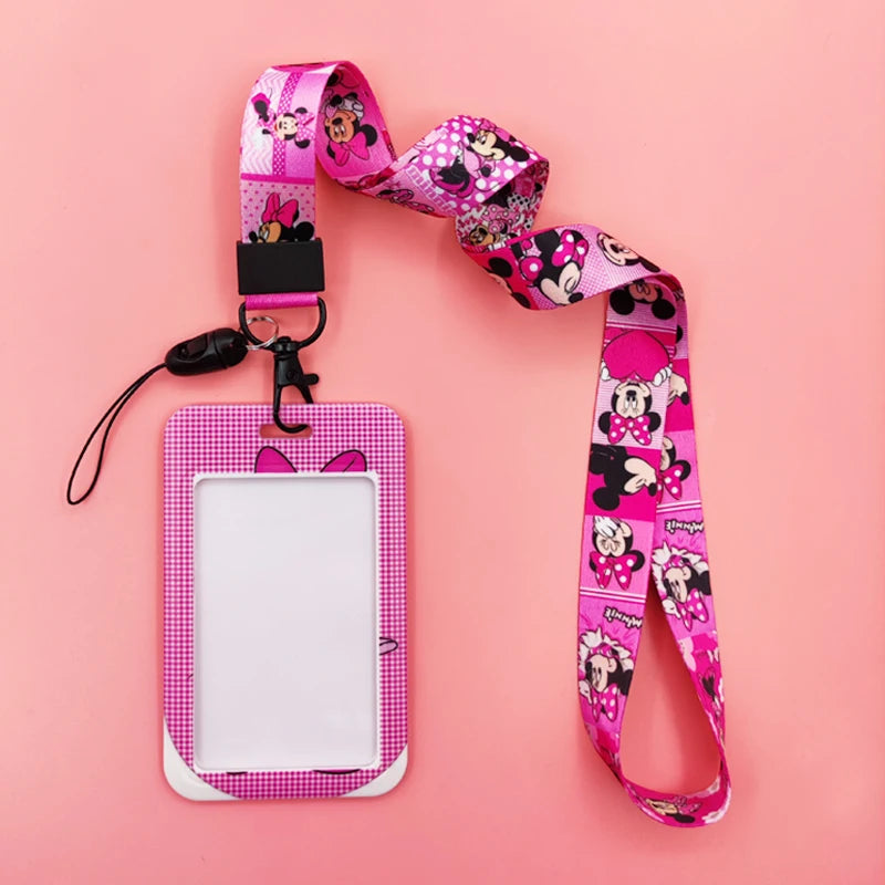 Disney Pink Lanyard ID Badge Holder Mickey Credit Card Case Neck Strap Minnie Card Holders Girl Credentials Accessories Keychain