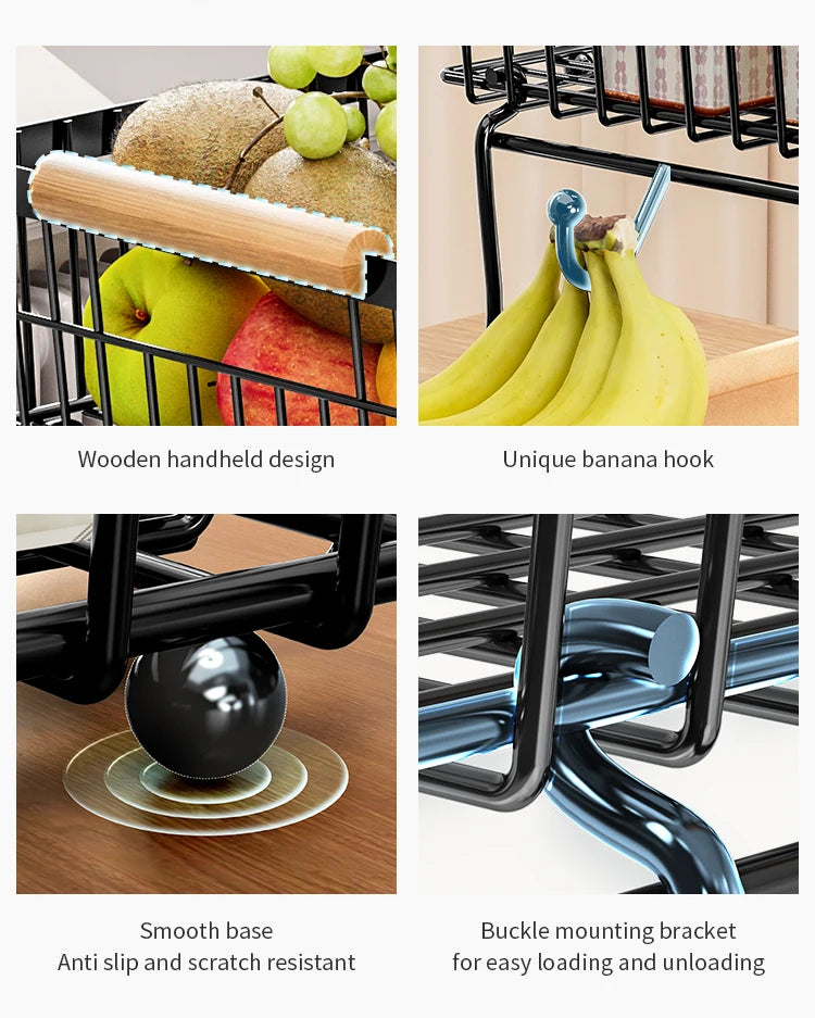 fruit basket vegetable basket,Metal storage basket with hook and wooden handle,Stackable and removable kitchen storage rack