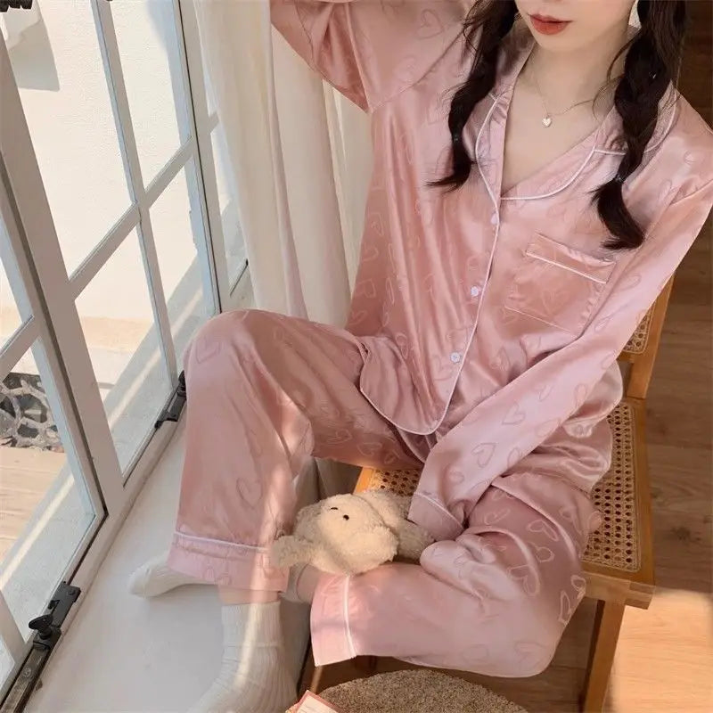 Ice Silk Pajamas Women's Long Sleeve Lace Premium Sense Two Piece Suit Sweet Homewear Love Blue Ladies Sleepwear Loungewear - Smarsty
