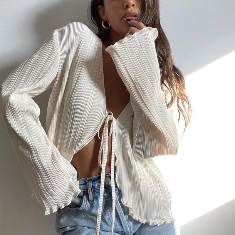 2024 Women Pleated Plain Shirts Spring Fall Chic Long Flare Sleeve V- Neck Tie Up Cardigans Tops for Casual Party Street - Smarsty