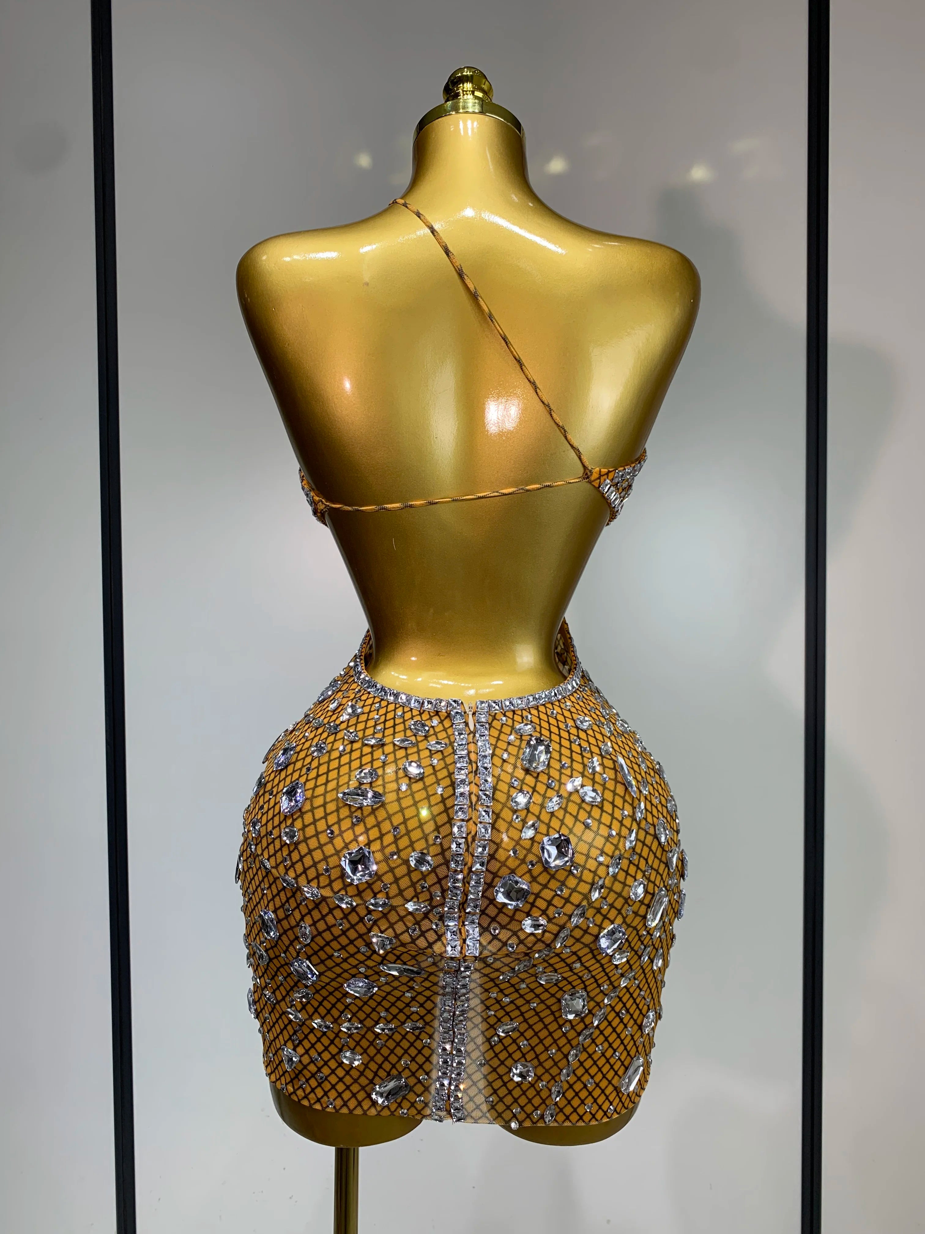 Sexy Sparkly Diamond Backless Short Dress 2025 Women Sleeveless Mesh See Through Evening Birthday Gown Singer Stage Outfit - Smarsty