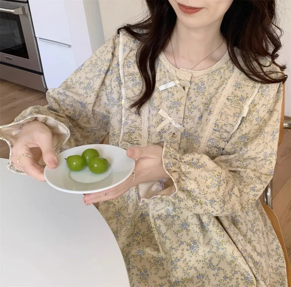 Women Plus Size Pajamas Garden Style Student Homewear Two-Piece Korean Version of the Bow Can Be Worn Outside Long-Sleeved women - Smarsty