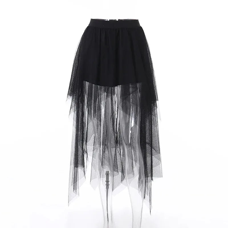 Sexy Net Yarn High-Waisted Irregular Skirt for Women Summer New European and American Gothic Style Versatile Casual Skirts - Smarsty