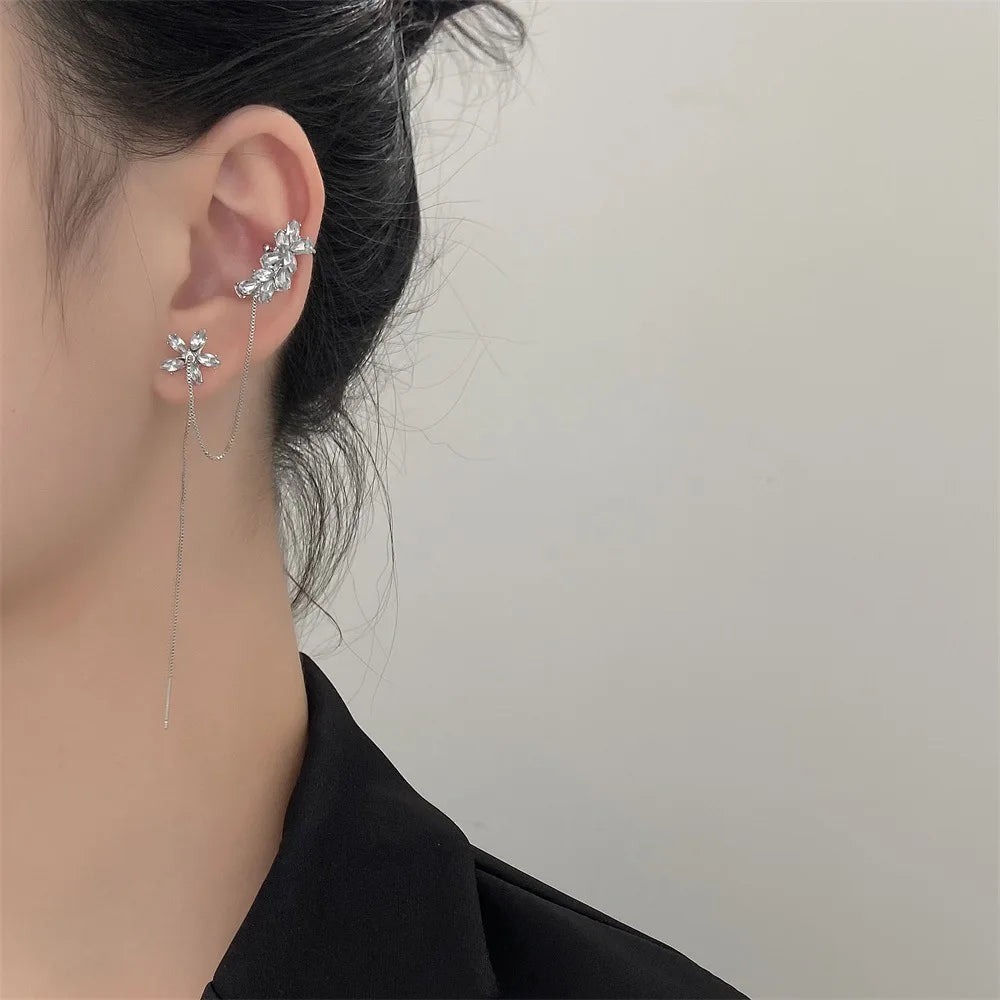 Silver Crystal Tassel Non Piercing Ear Cuff Clip Earrings - Smarsty