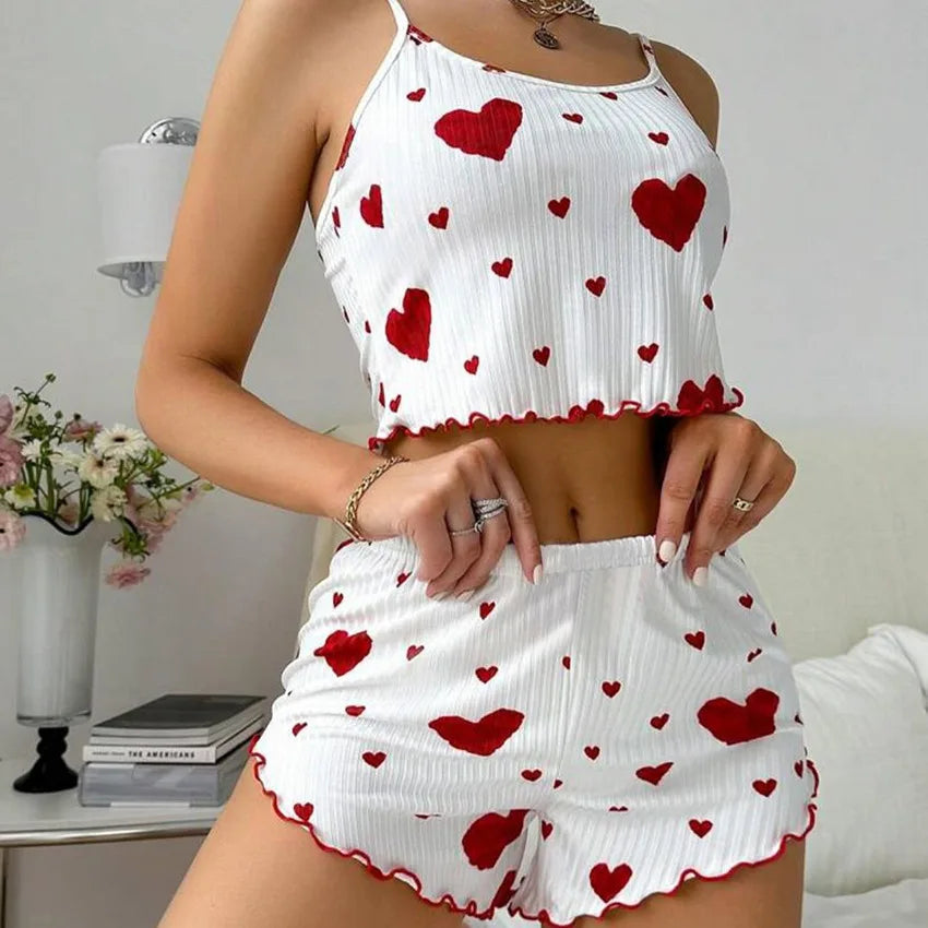 Women's Pajamas Set Sleepwear 2 PCS Short Tank Tops And Shorts S M L White Ventilate Soft Casual Love Printing - Smarsty
