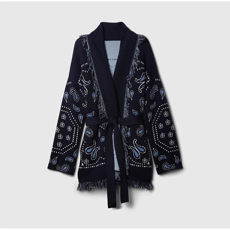 Tassel Patchwork Printed Cardigan Women Geometric Patterns Belts V-neck Long Sleeve Knitted Street Lady Sweater 2025 Autumn Coat - Smarsty