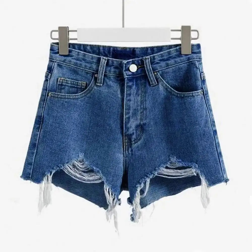 Summer Women's Cowboy Shorts Korean High Waist Casual Denim Shorts Pocket Tassel Perforated Ripped Holes Y2K Girls White Jeans - Smarsty