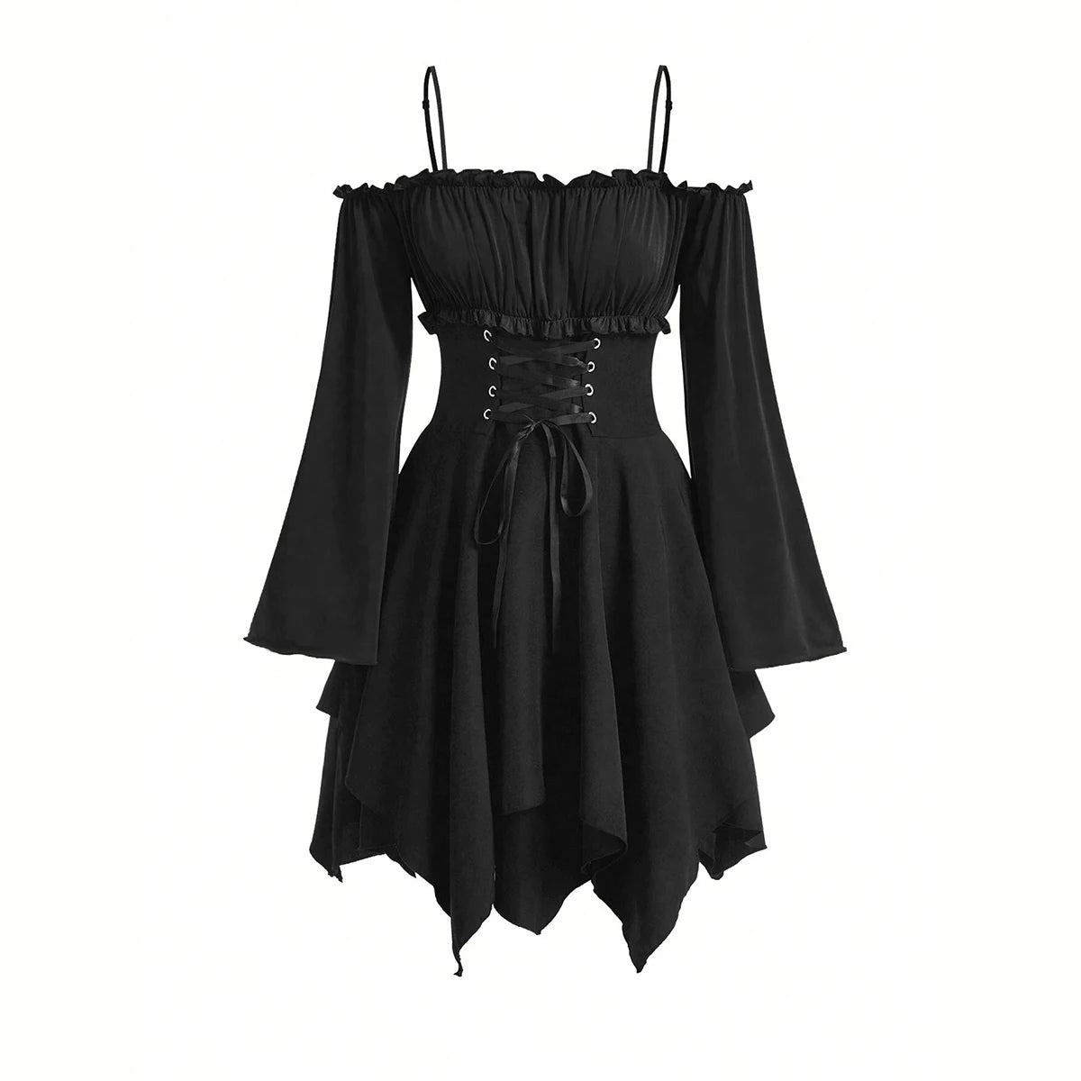 Mia Muse Women's Dresses Autumn Halloween Contrast Color Asymmetrical Hem Flounce Trim Lace Up Long Sleeve Off Shoulder Mini Dre - Smarsty