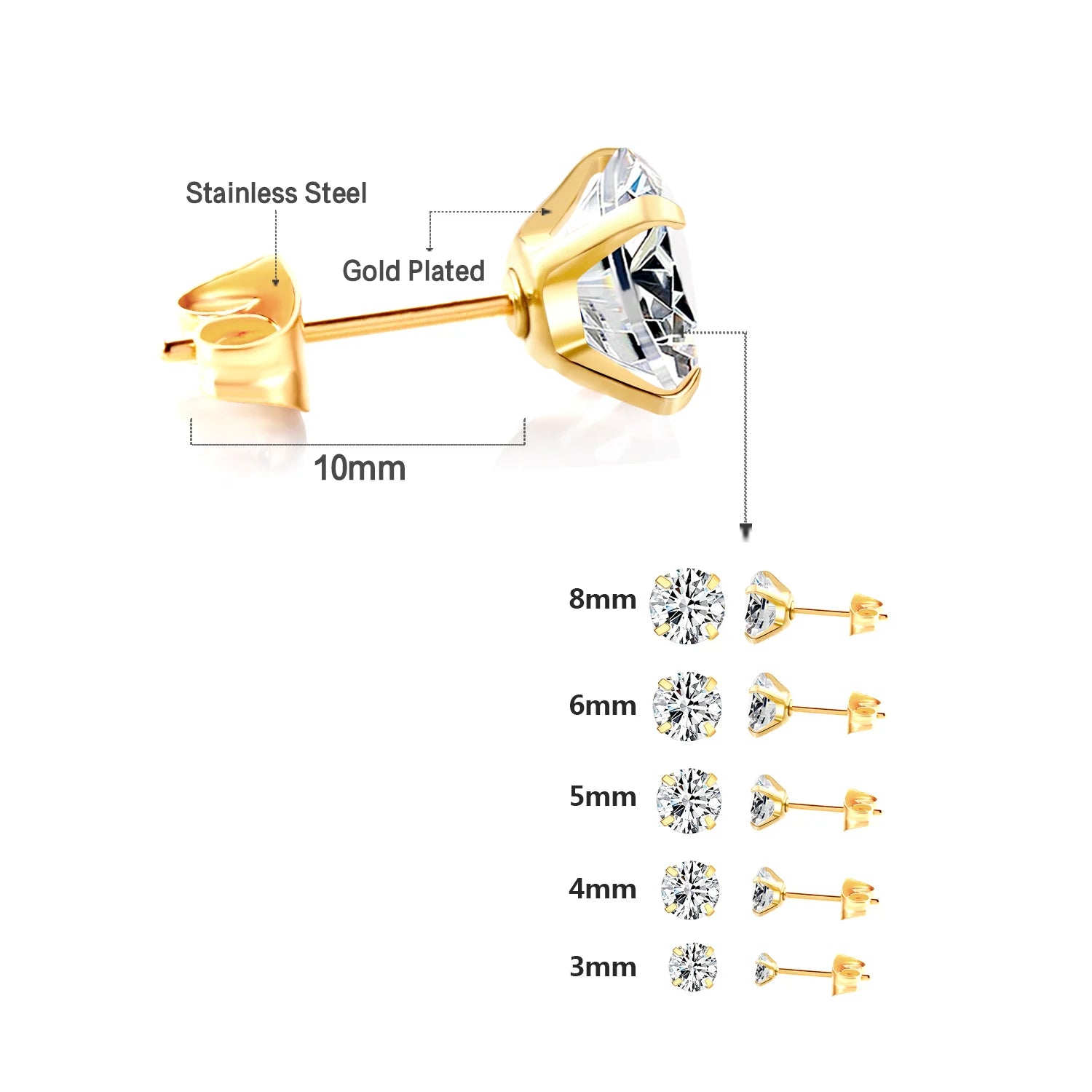 Stainless Steel CZ Stud Earrings Hypoallergenic Screw - Smarsty