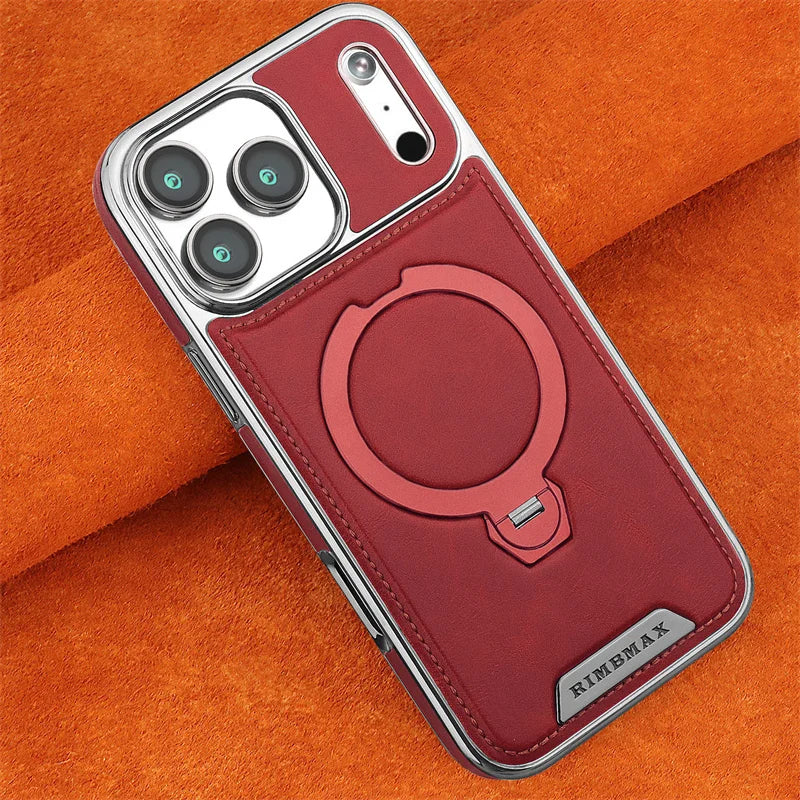 Magnetic Rotat Bracket Luxury Leather Phone Case For iPhone 11 12 13 14 15 16 17 Pro Max Plus Wireless Charging Shockproof Cover