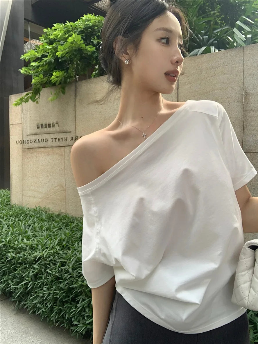 Sexy Pullovers Women Off Shoulder Cropped Knitted Basic Clothes Autumn All-match Side Slit Simple Tender Slim Gentle Seductive - Smarsty