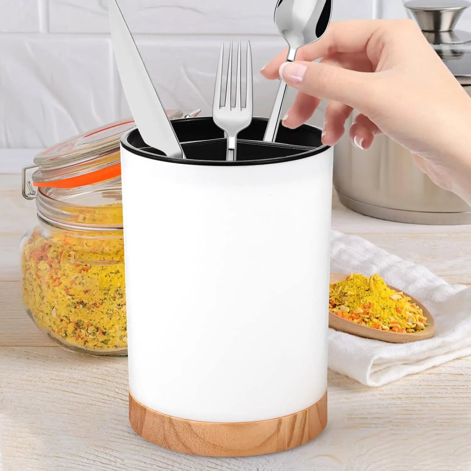 Kitchen Utensil Holder Countertop Multifunction Silverware Organizer Spoon Chopstick Holder Cutlery Storage Drainage Compartment by Smarsty