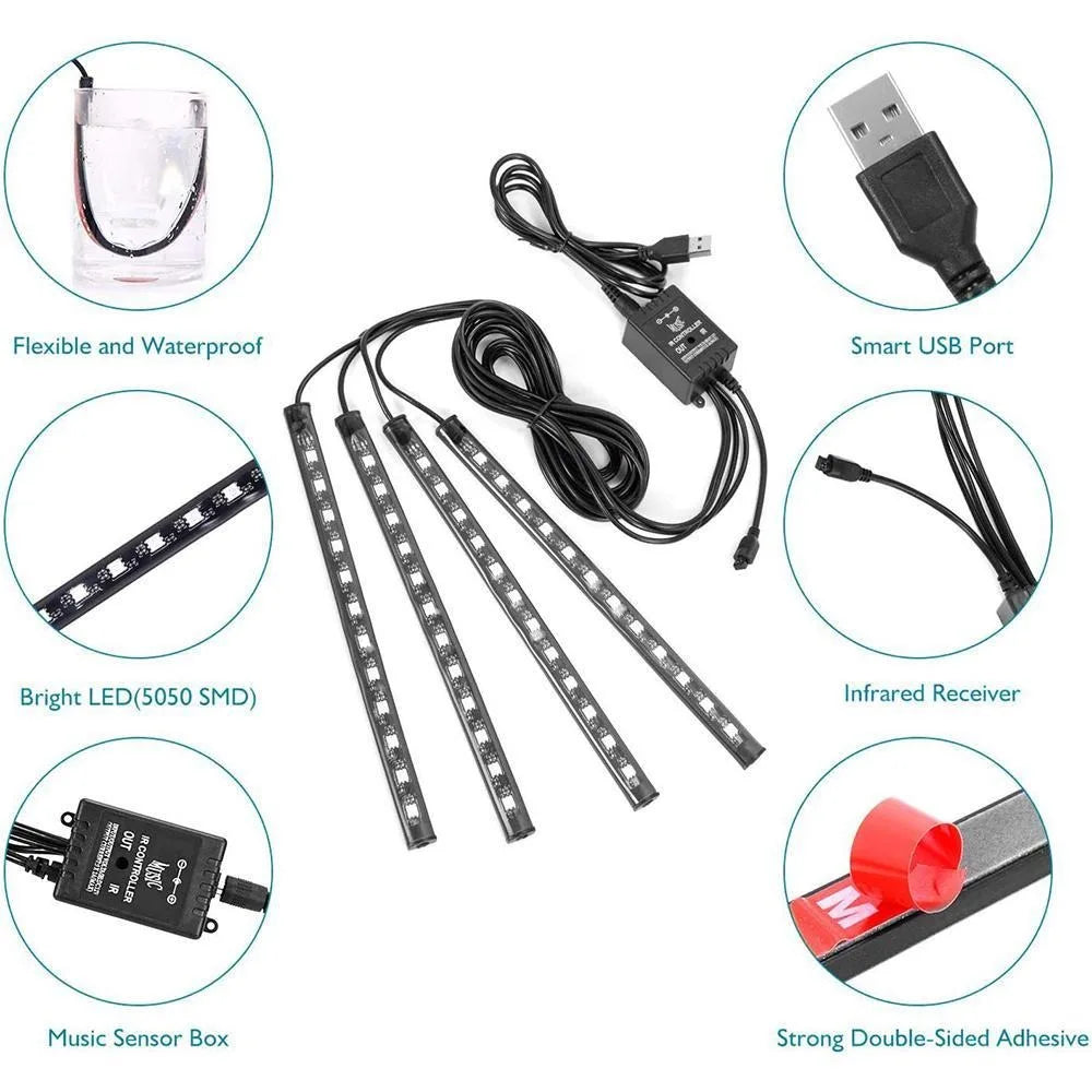 RGB Automotive Atmosphere Decorative Lamp Led Interior Light Strip Car Foot Ambient Lights with USB Cigarette with Remote Voice