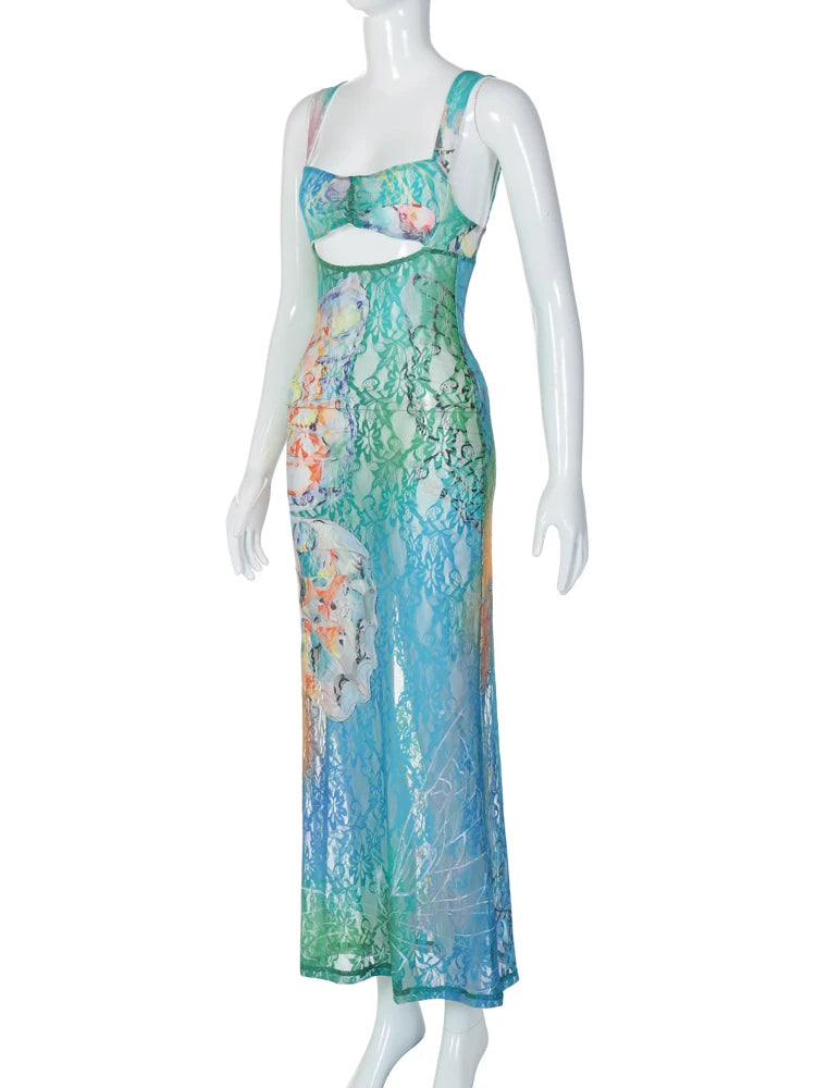 Dulzura Lace Print Cut Out Maxi Dress Bodycon Sexy Party Club Y2K Outfits Streetwear Bandage Dress Vestido Classic Prom - Smarsty