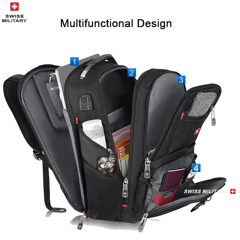 SWISS MILITARY Fashion Travel Multifunction Large Capacity Male Bag Usb Charging Waterproof 23 inch Laptop Backpack Men Mochila - Smarsty