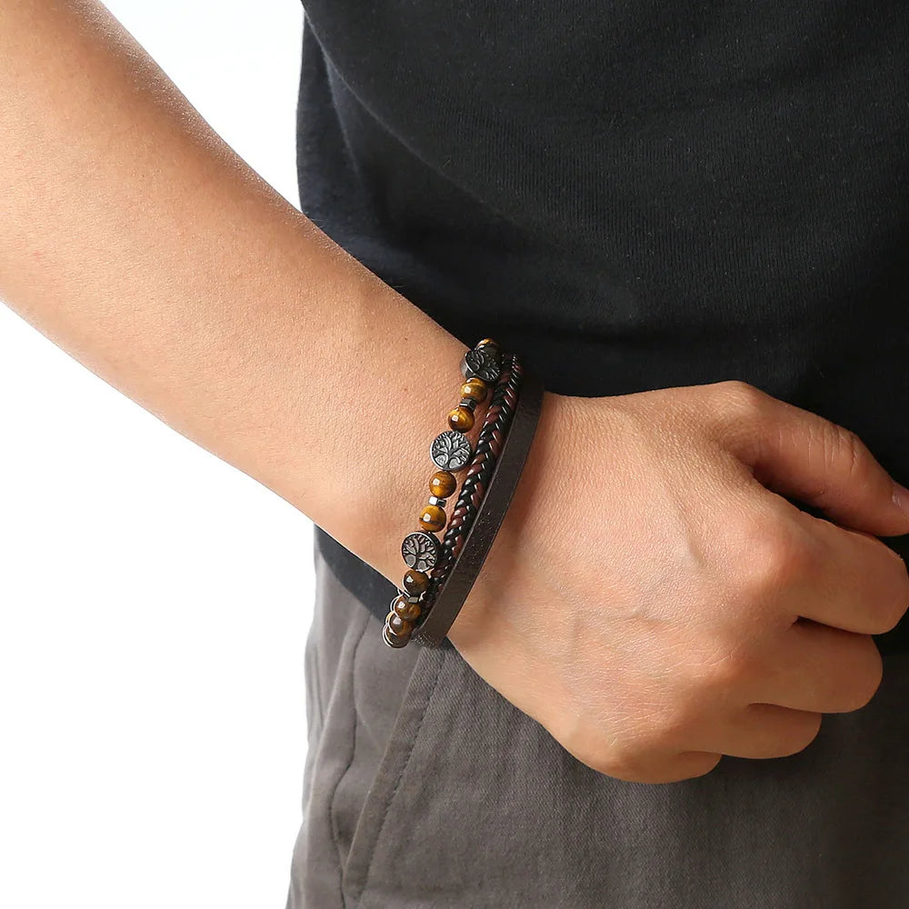 Men Leather Bracelet with Tiger Eye Beads Stylish Gift - Smarsty