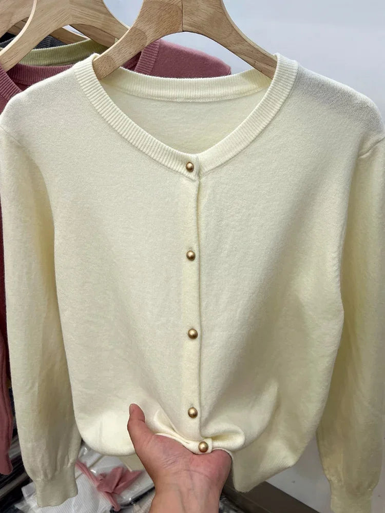 AOSSVIAO Long Sleeve Sweaters Cardigan Spring Autumn Women O-Neck Knitwear Tops Clothing Fashion Basic Tops - Smarsty