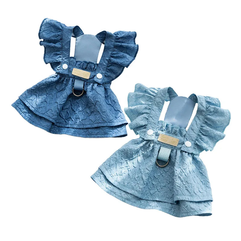 Denim Dog Dress for Small Dogs with Leash Ring - Smarsty