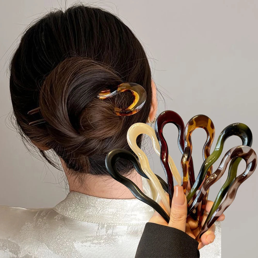 U-Shaped Hair Fork Fashion Tortoiseshell Acetate Acrylic Hairpin Geometric Headwear Hair Sticks Women Girls Hair Accessories - Smarsty