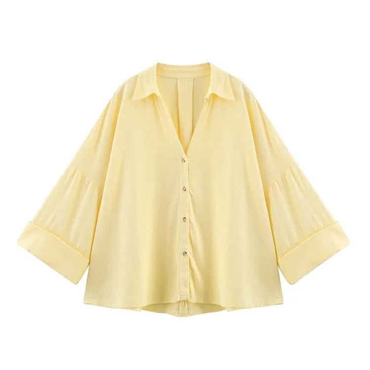 HipSeam Wide Sleeved Shirt Women Spring Asymmetric Hem Button Women's Shirts Simple Lady Johnny Collar Linen Shirts & Blouses - Smarsty