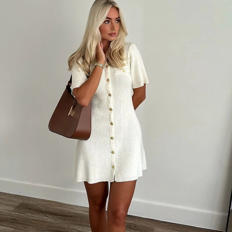 White Elegant Knitted Mini Dress For Women Metal Button Sexy Slim Rib Sweater Dress Holiday Party Outfits Autumn 2024 New - Smarsty