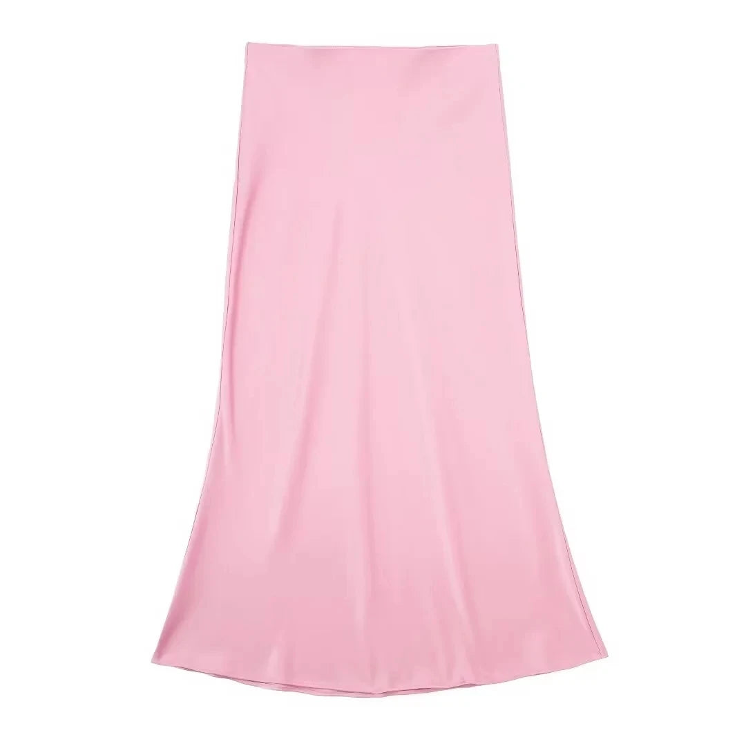 TRAFZA 2024 Y2K Casual Women Long Skirt Spring Elastic High Waisted A-Line Casual Female Satin Skirts High Street Lady Skirts - Smarsty