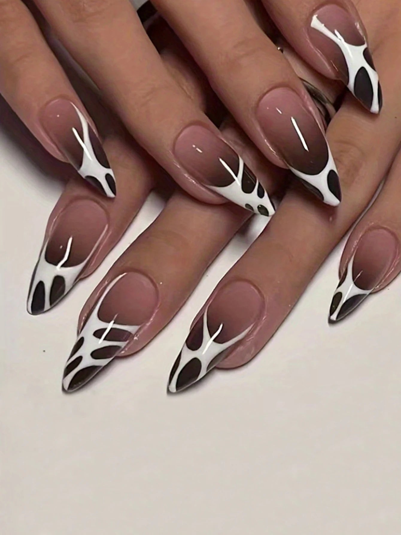 Stiletto Press On Nails Set with Black Silver Bowknot - Smarsty