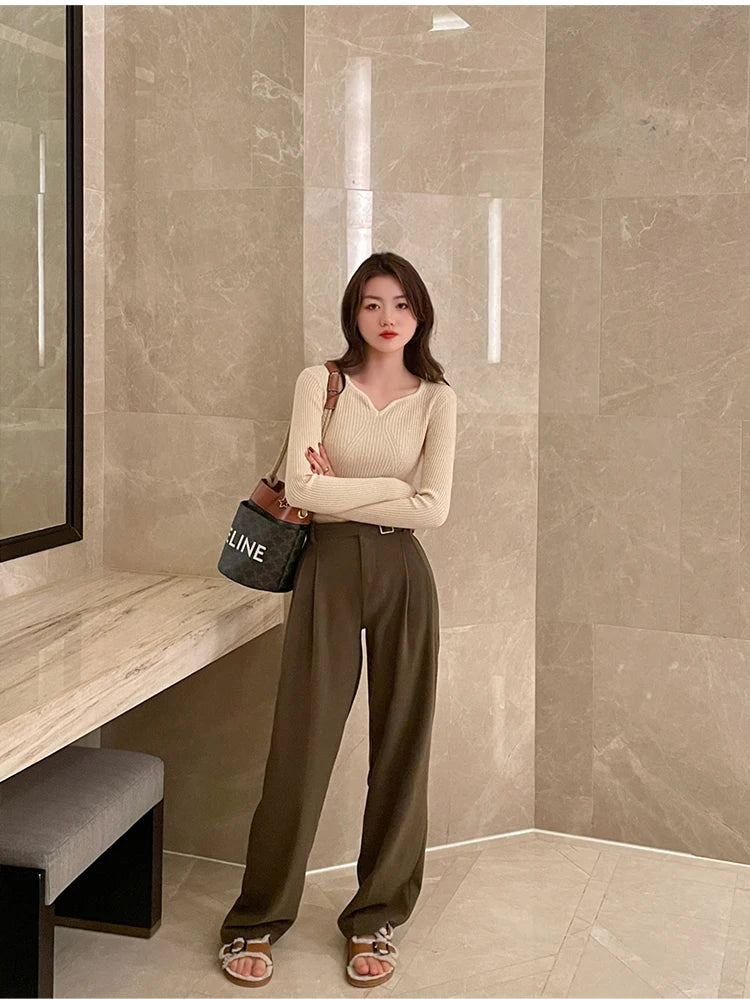 2025 Basic V-neck Chic Autumn Winter Pullover Women Female Knitted Ribbed Sweater Slim Long Sleeve Badycon High Quality Sweater - Smarsty