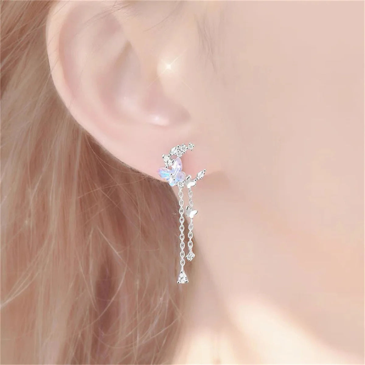 Korean Moon Butterfly Crystal Drop Earrings for Party Women - Smarsty