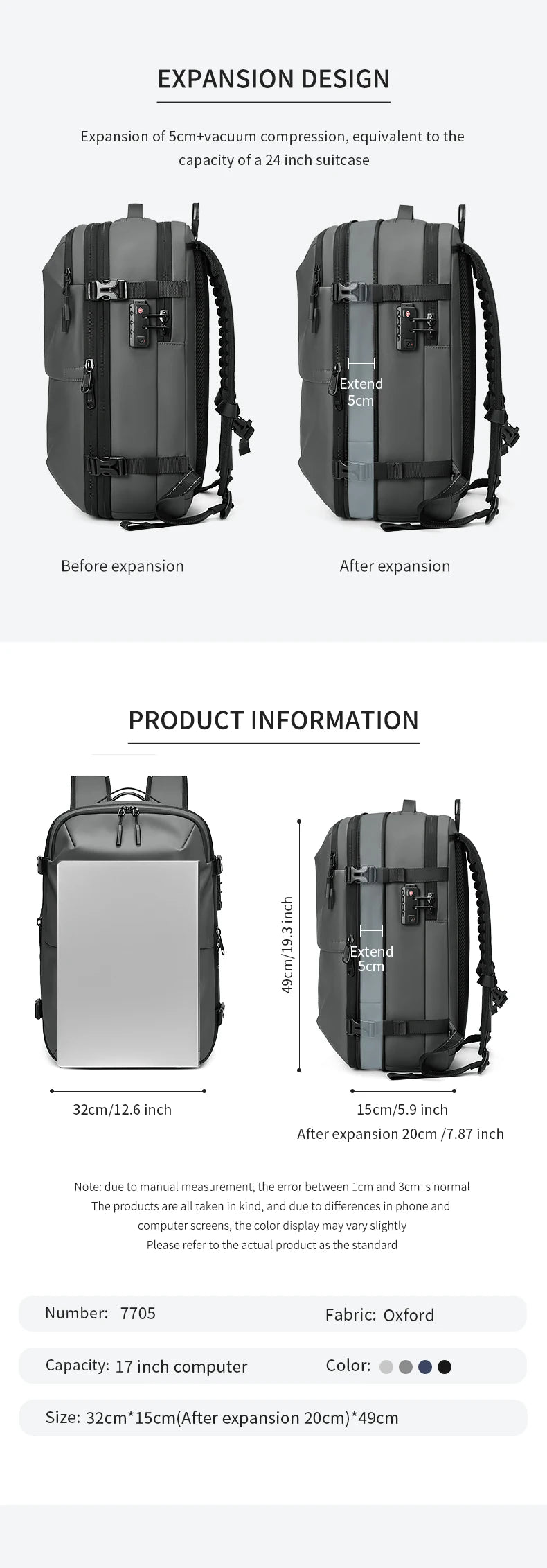 Men Travel Backpack vacuum compression 17 inch Laptop Backpack Business Large Capacity school Backpack Expanded Hiking backpack - Smarsty