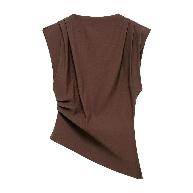 2025 Summer Asymmetric Tank Women Wine Red/Brown/Black Ruched Sleeve Office&Party Tops Breathable Stretchy Slim Fit Streetwear - Smarsty