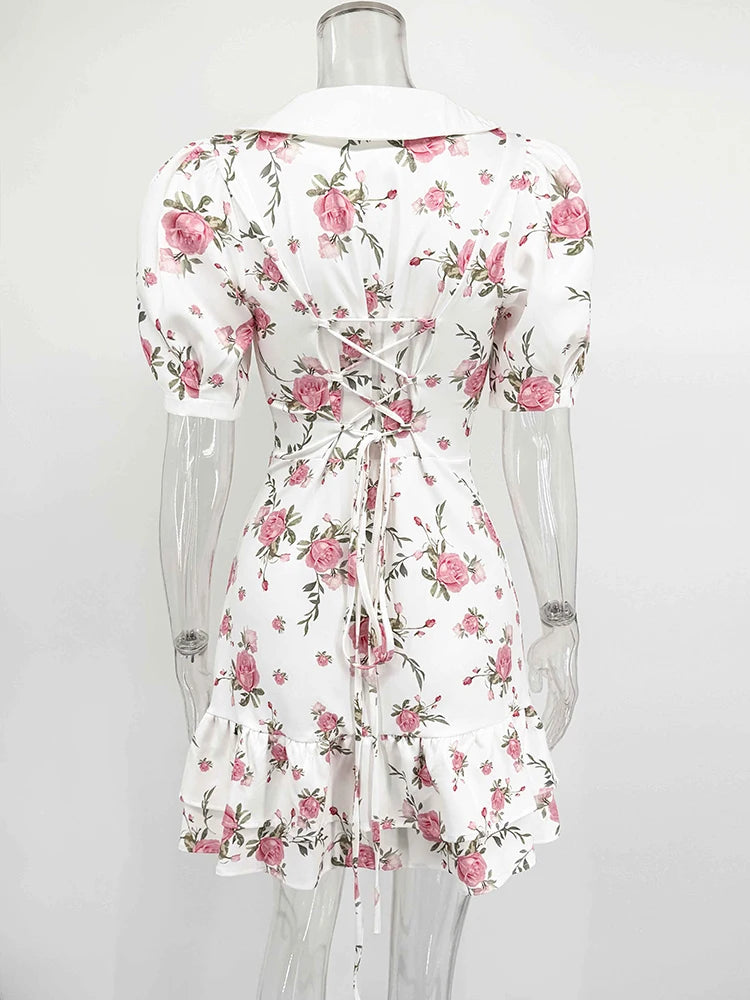 Tornova Print Puff Sleeves Ruffled Dress Women's V-Neck High Waist Pearl Buttons Mini Dress Female Casual Vacation Fashion Dress