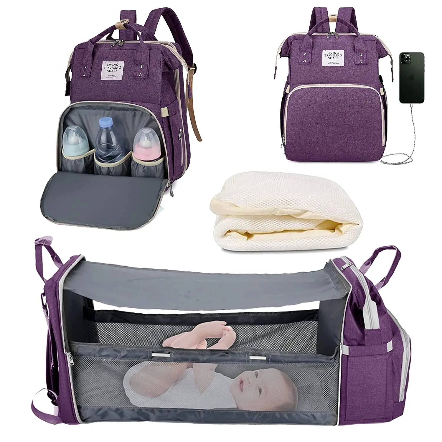 3 In 1 Diaper Bag Backpack Foldable Baby Bed Waterproof Travel Bag with USB Charge Diaper Bag Backpack with Changing Bed 3 types by Smarsty