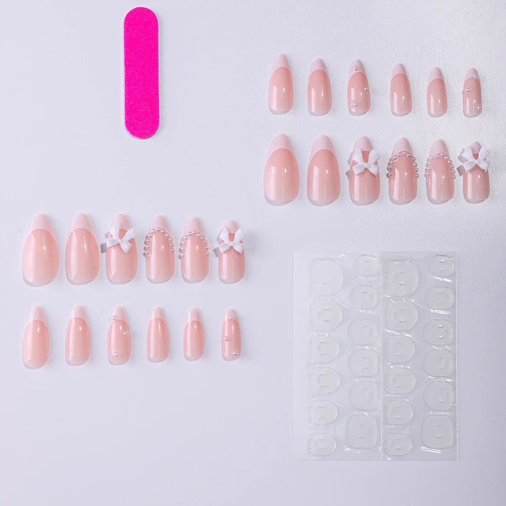 Pink Bowknot Stiletto Press On Nails 24PCS Full Cover - Smarsty