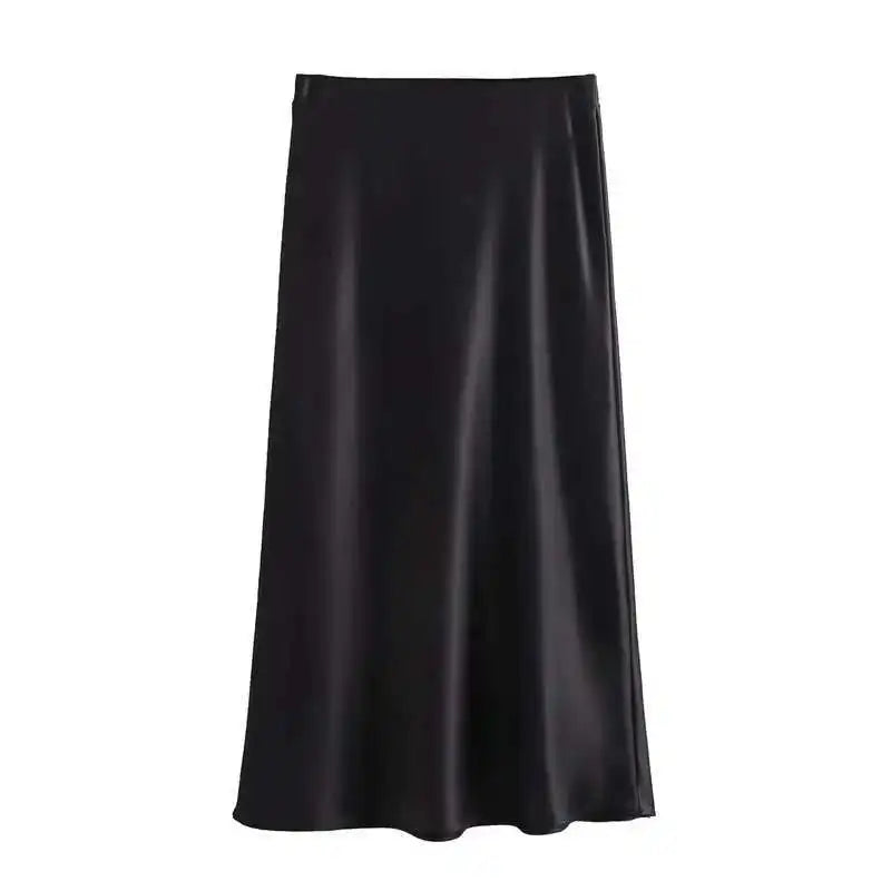 Women 2025 Satin Black Skirt Women High Waist Long Skirts for Women Summer White Midi Skirt Office Elegant Daily Skirts - Smarsty